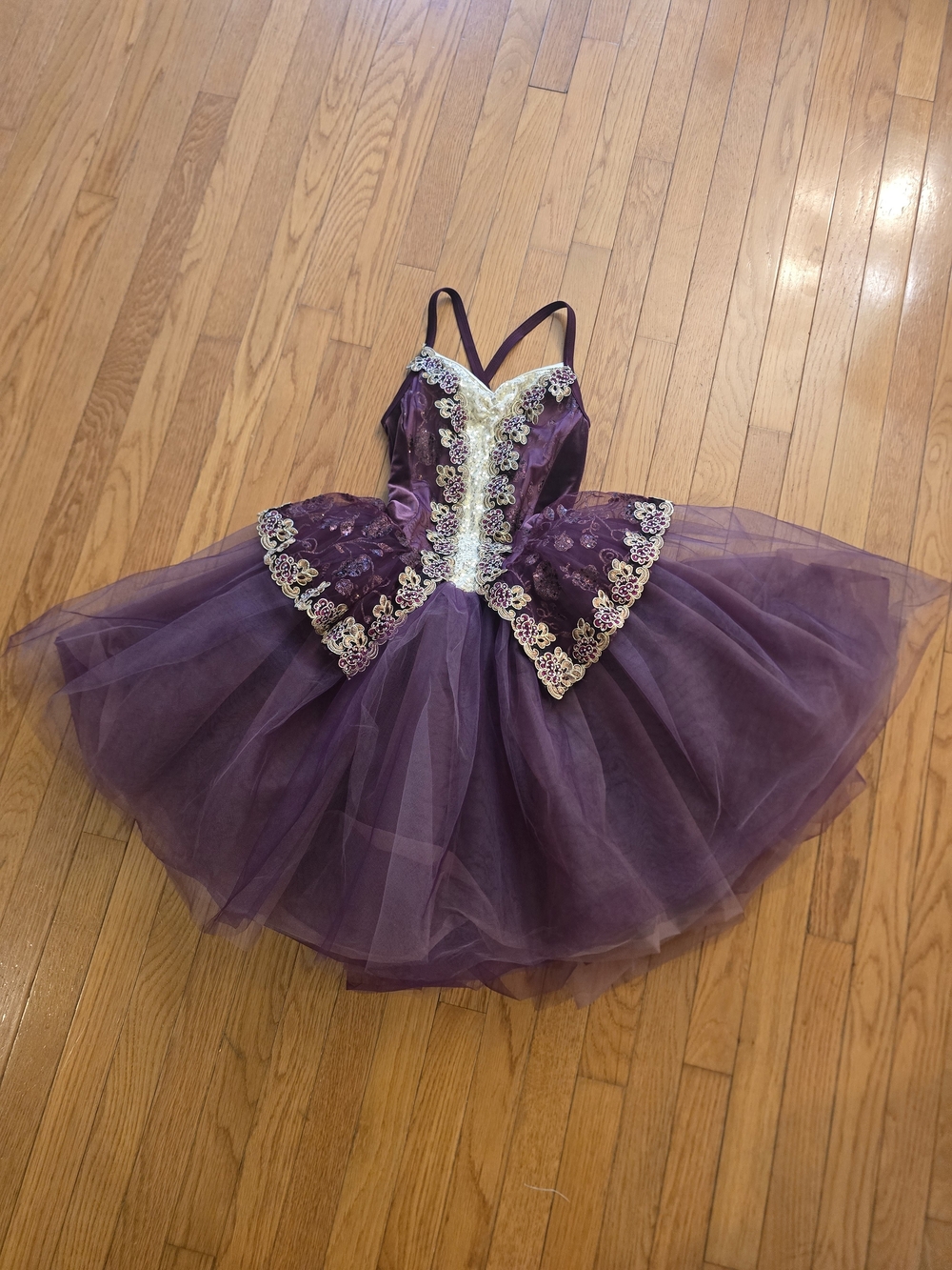 Weissman Purple Tutu Dress with Gold Lace Appliqué